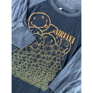 Nirvana Smiley Face Raglan T Shirt Mens 2XL Black Gray Grunge Band Tee